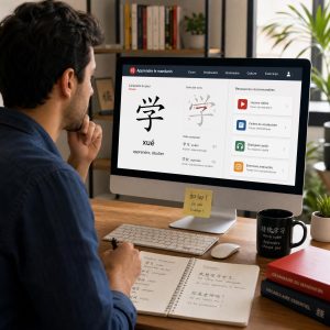 Un jeune homme en train d'apprendre le chinois en ligne sur son ordinateur