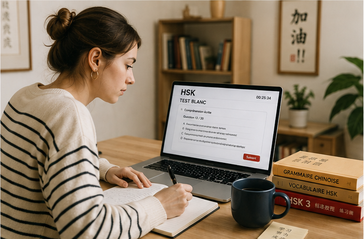 Une étudiante française en train de faire un test blanc HSK