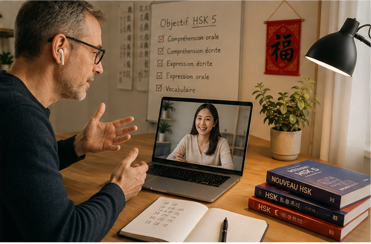 Un étudiant adulte se fait accompagner par une tutrice pour préparer son test HSK