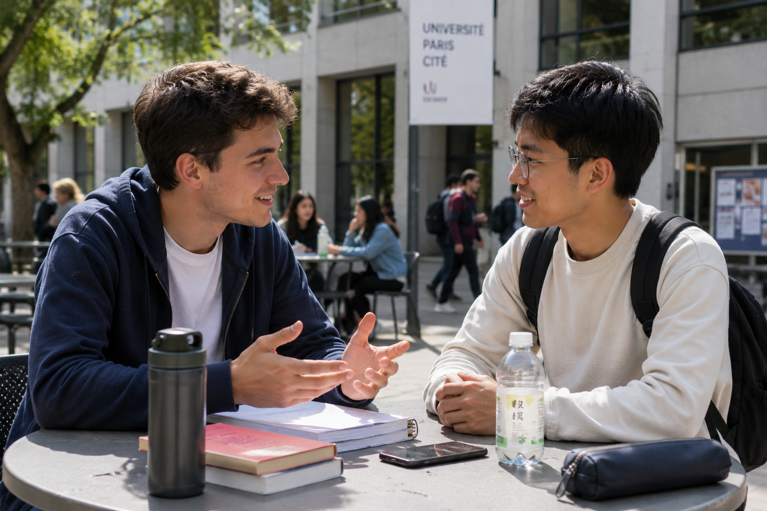 Deux jeunes étudiants sont en train de se détendre à la sortie de la faculté.