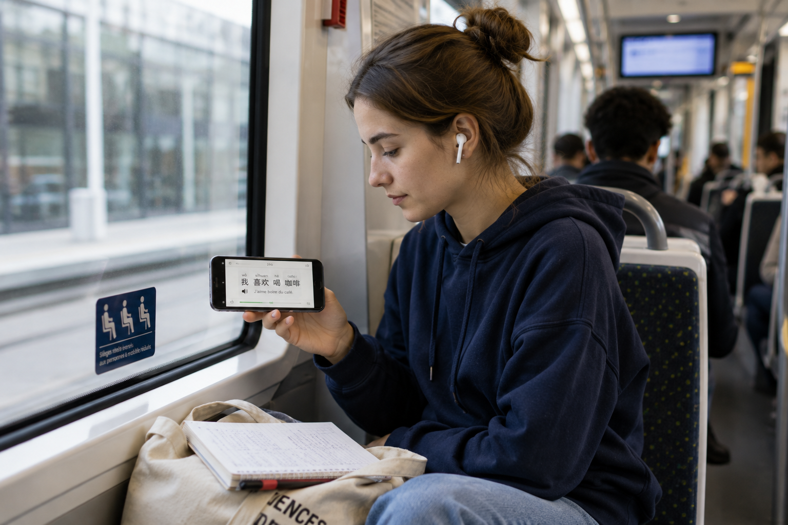 Une jeune étudiante est en train de réviser son chinois dans le bus.