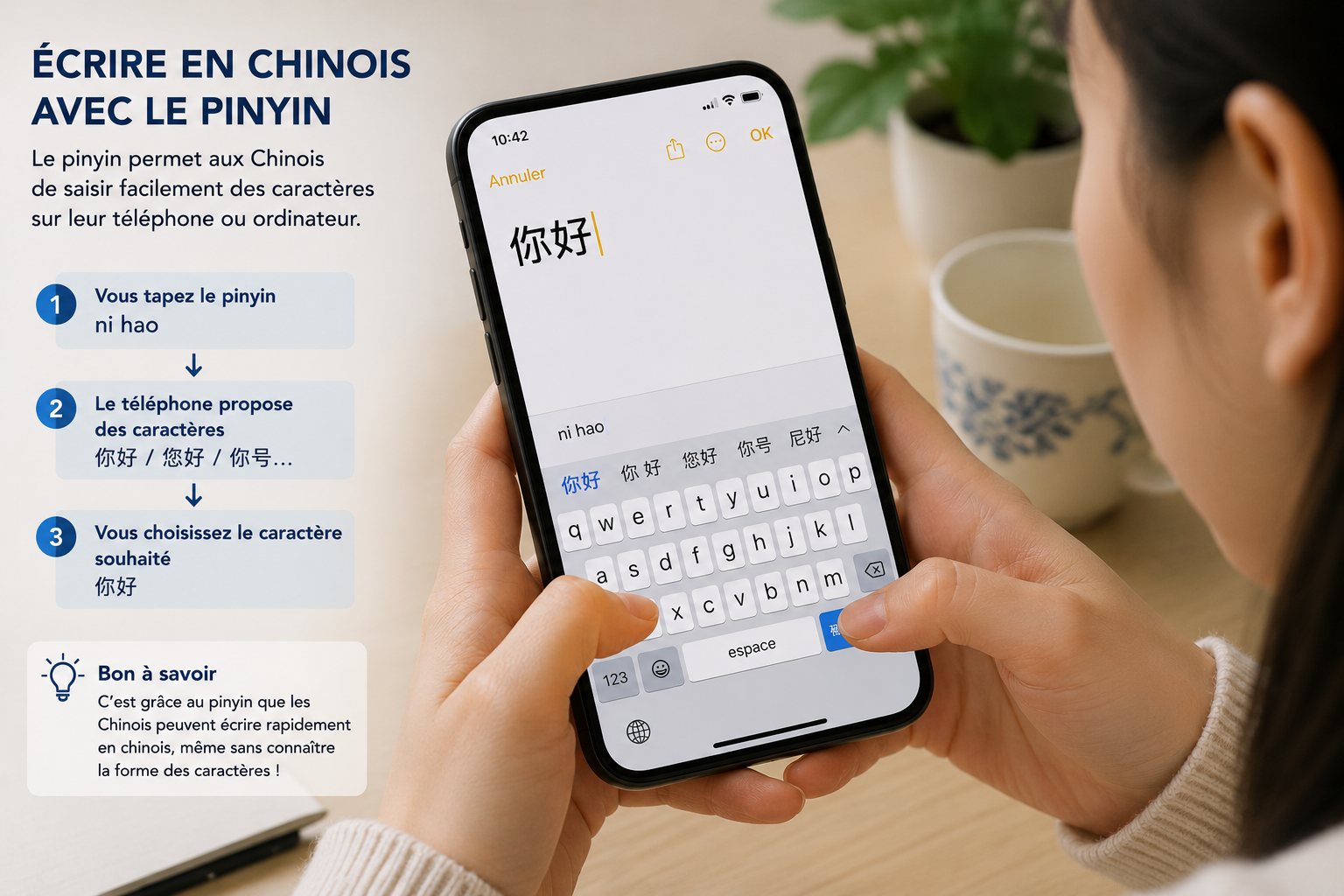 une personne écrit en chinois sur son téléphone en utilisant le pinyin