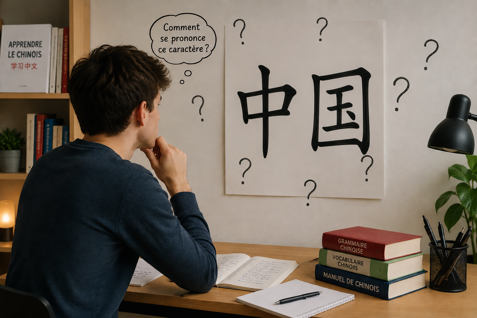 Un étudiant est devant le mot 中国 sans savoir ce qu'il veut dire et comment le prononcer
