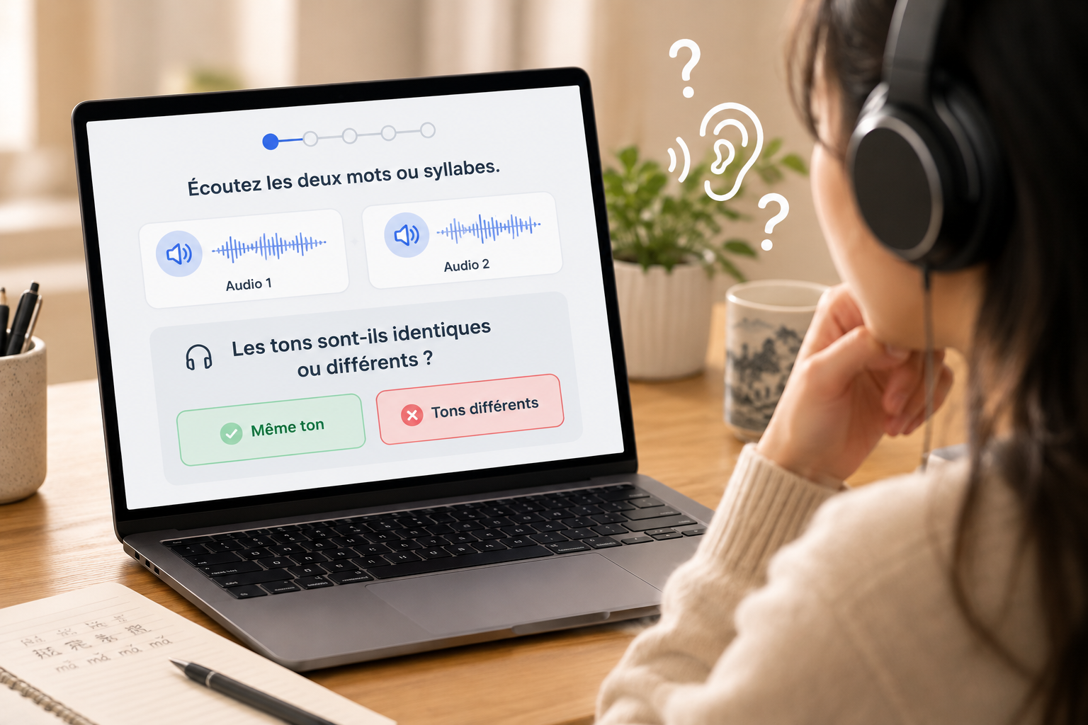 Une jeune femme est devant son ordinateur en train d'identifier des sons différents