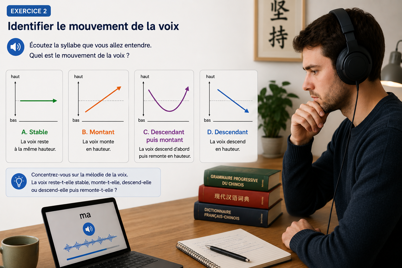 Un jeune homme est en train d'identifier des mouvements de voix
