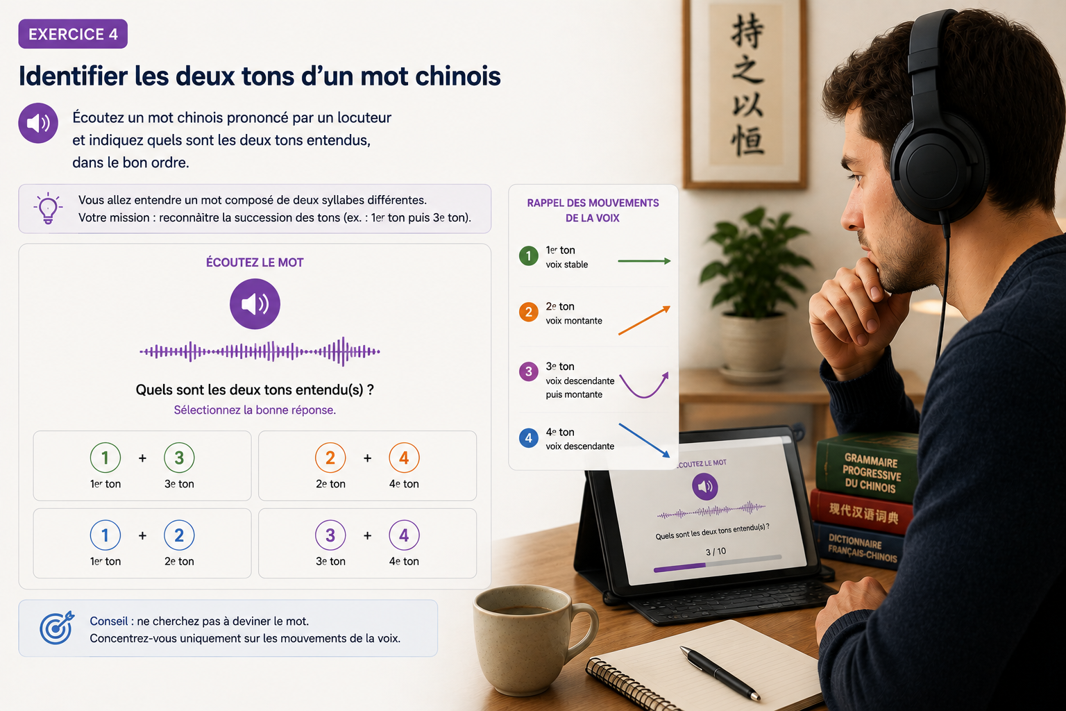 un jeune homme travaille sur l'identification des tons sur un mot chinois