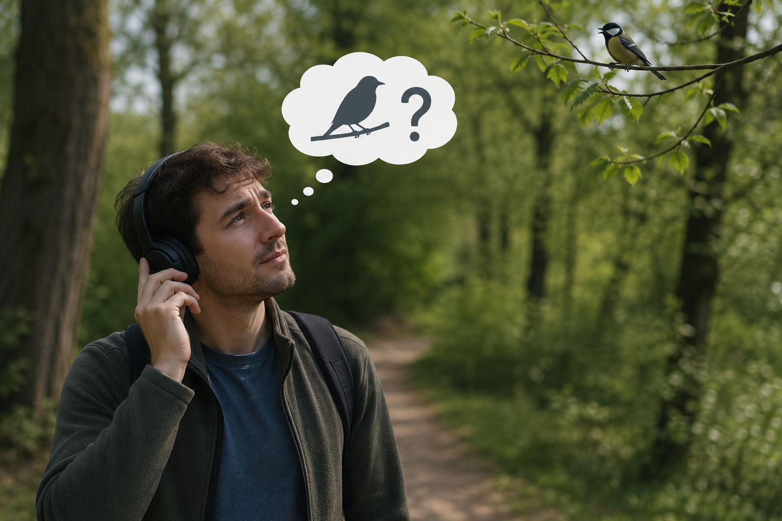 Un jeune homme est dans la forêt et essaie d'identifier un oiseau qui chante.