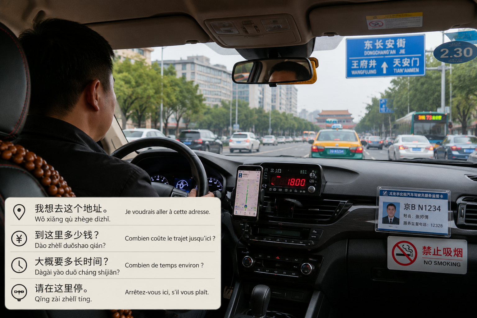 L'intérieur d'un taxi à Pékin
