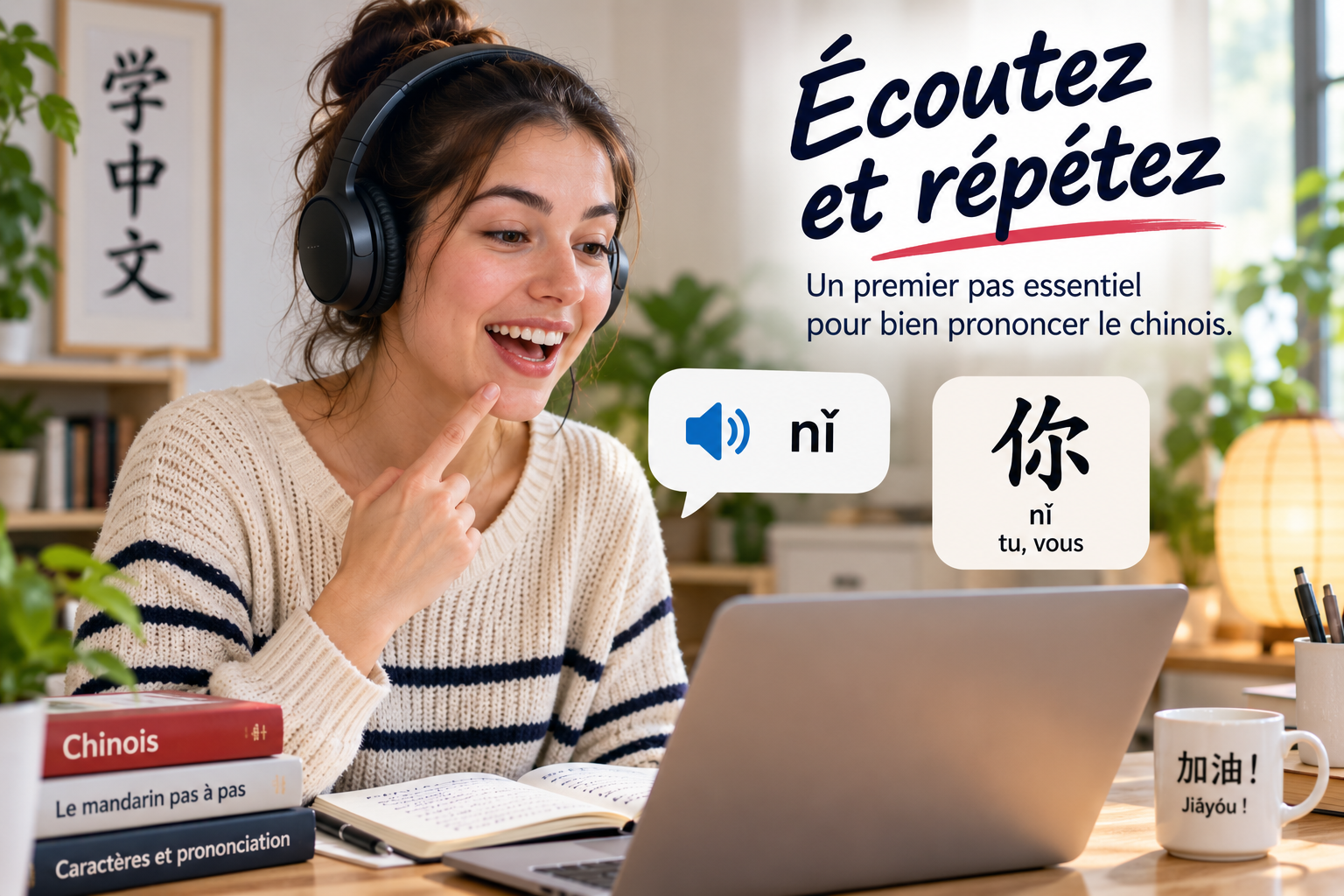 La même jeune famille essaie de répéter ce qu'elle entend