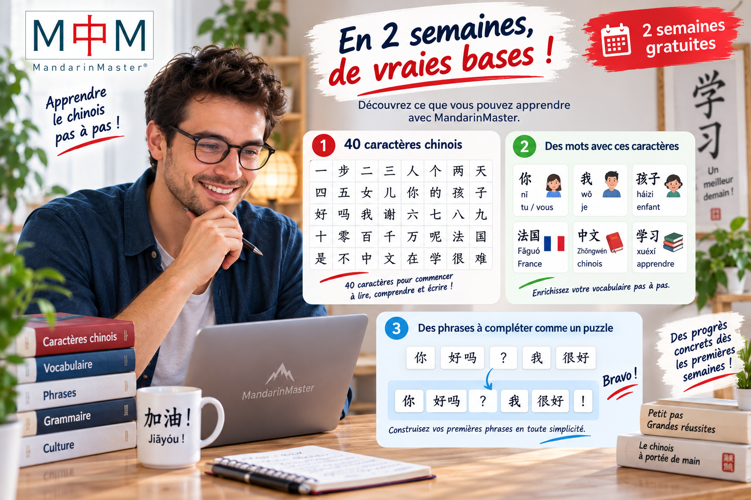 un jeune homme est content d'apprendre 40 caractères en 2 semaines