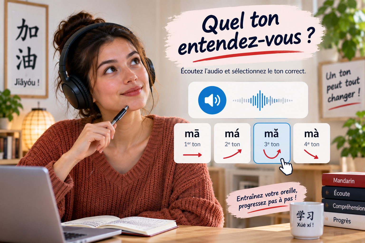 La jeune femme essaie de reconnaître le ton : 1, 2, 3, 4 ou neutre ?