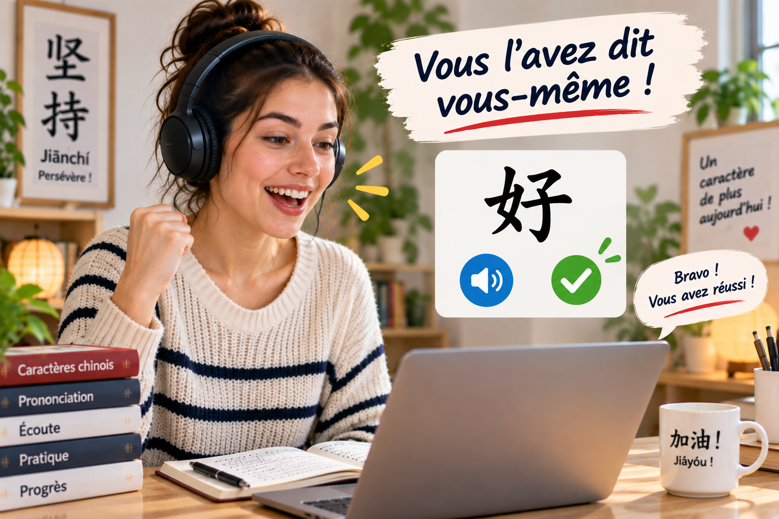 La jeune femme est arrivée à prononcer correctement le caractère, sans le pinyin