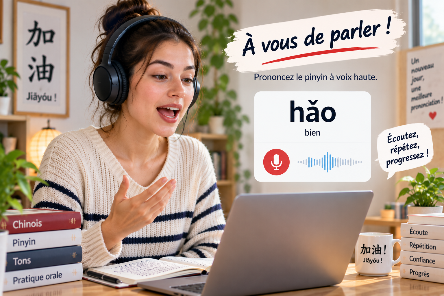 La même jeune femme est en train de prononcer le pinyin
