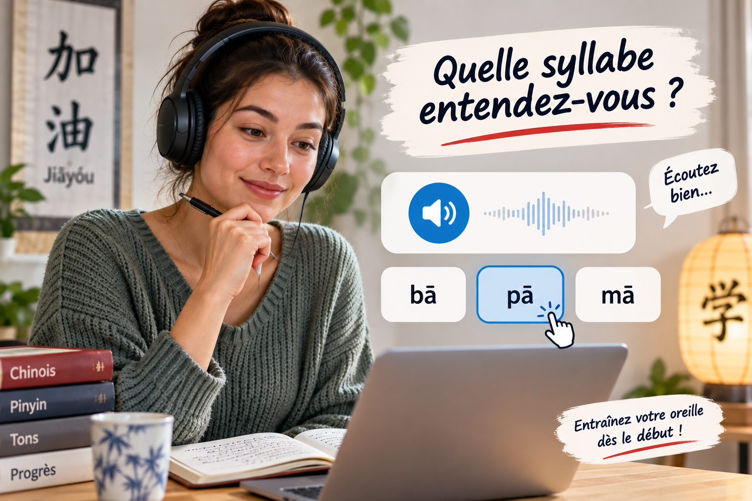 Toujours la même jeune femme en train de reconnaître quel est le pinyin qu'elle entend