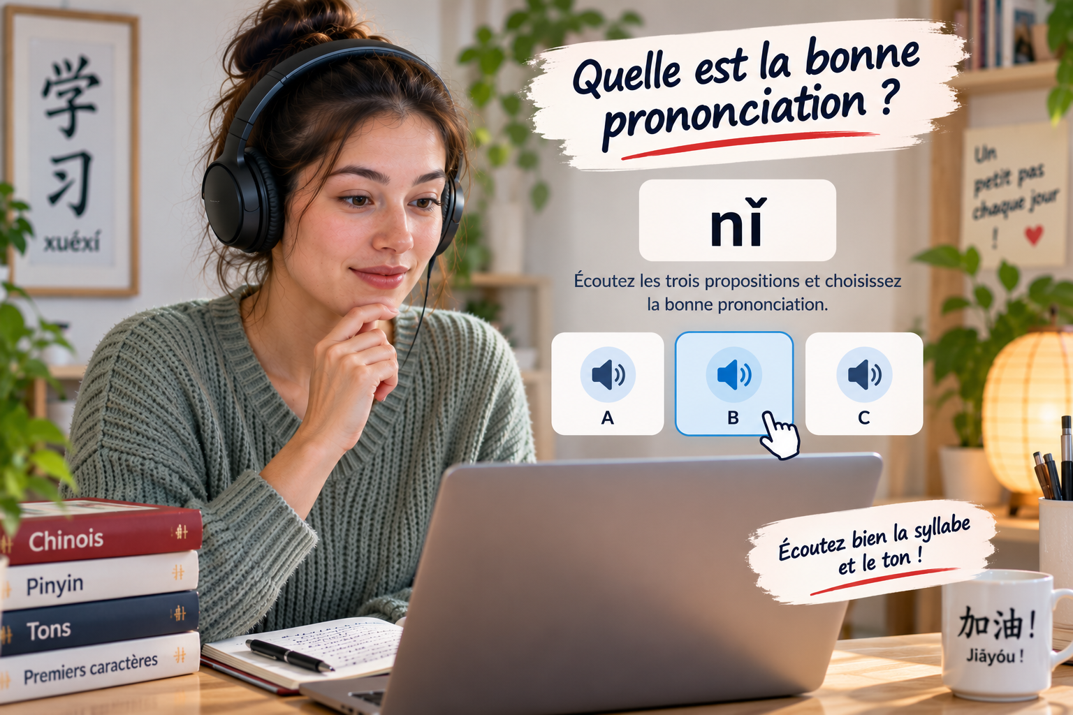 la même jeune femme doit sélectionner l'audio qui correspond au pinyin qu'elle voit