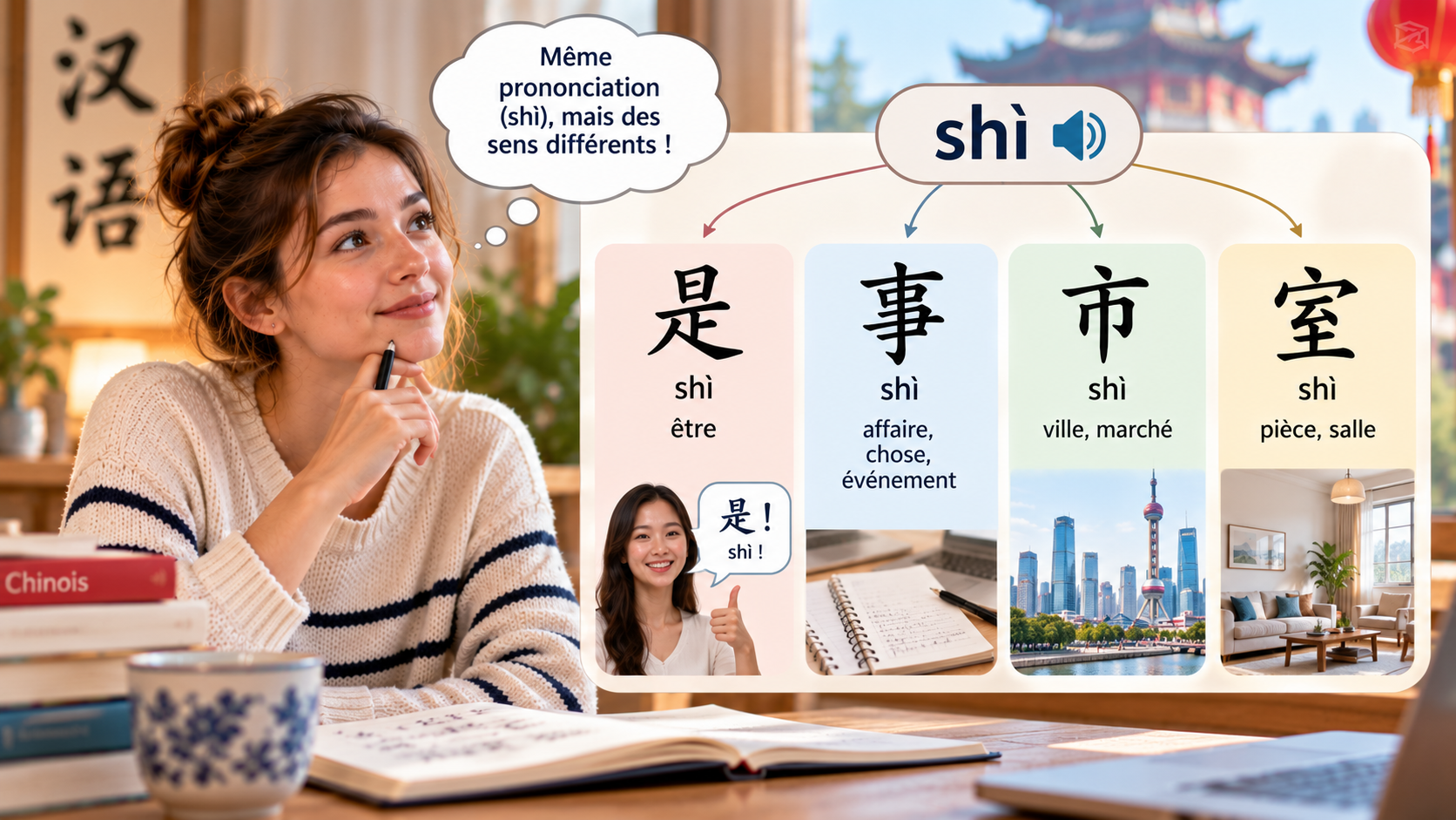 4 caractères chinois qui se prononcent exactement de la même manière